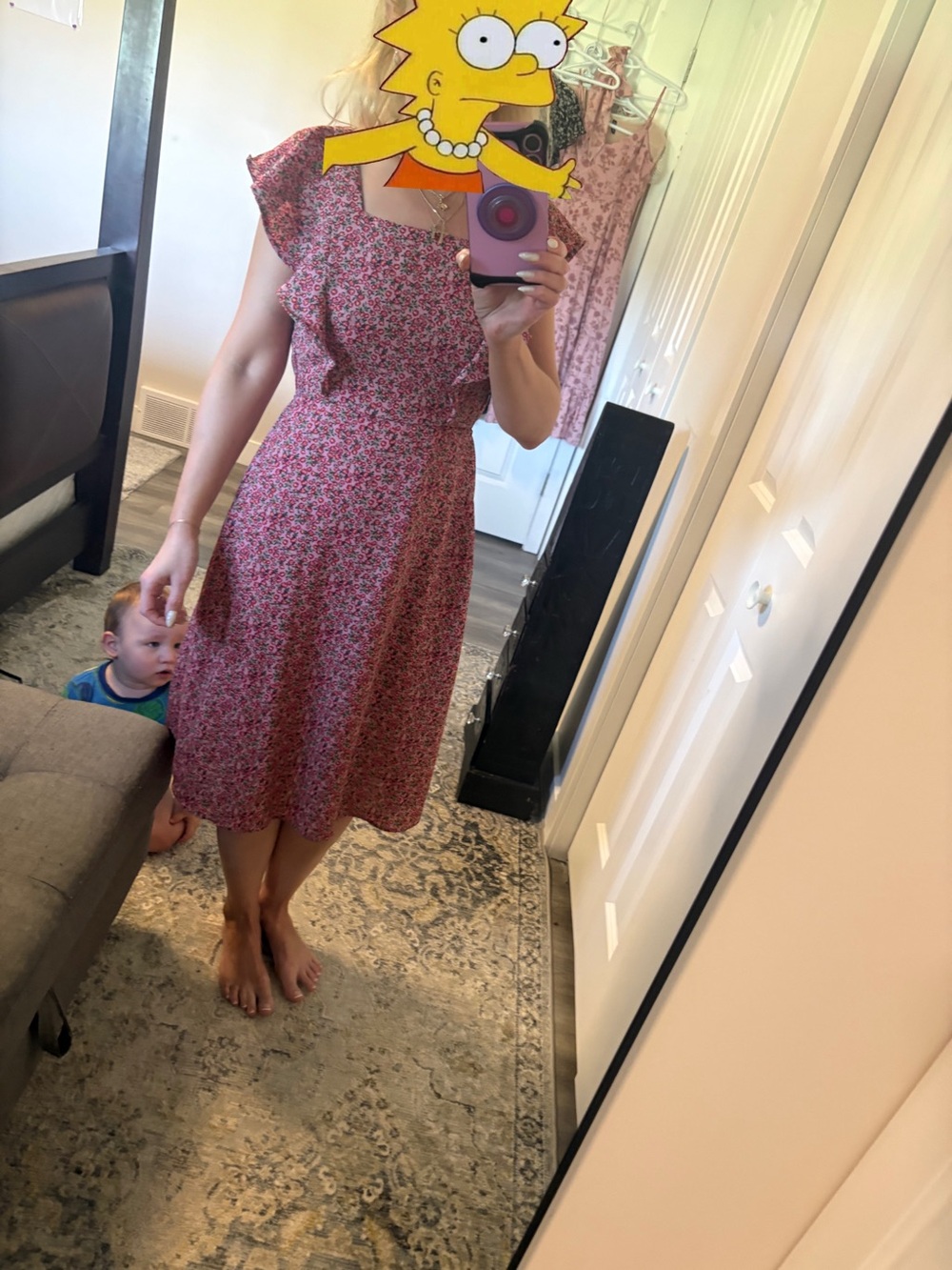 Monteau Pink Floral Ruffle Midi Dress